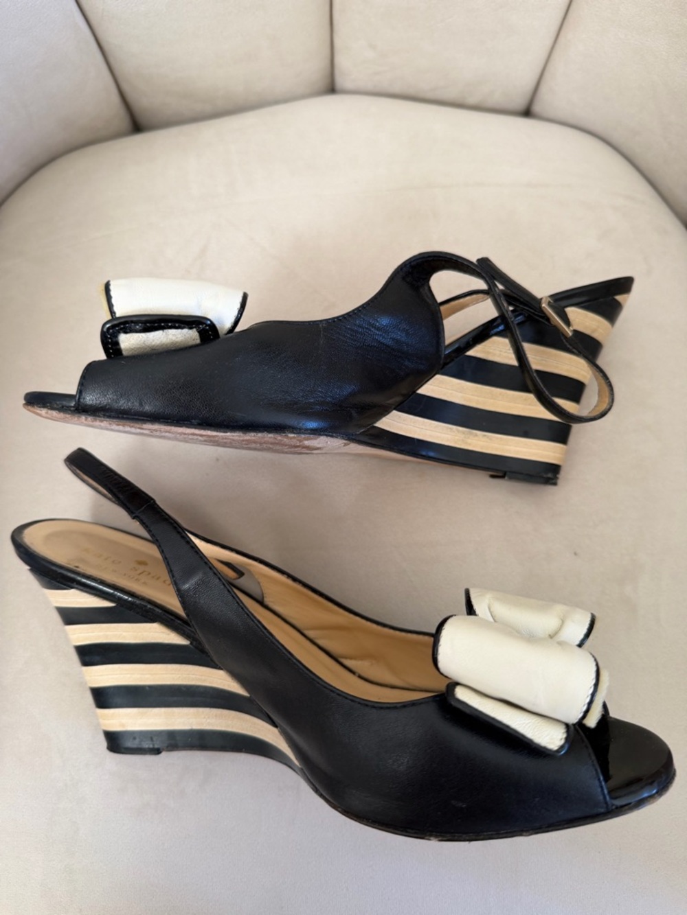 Kate Spade NY Isola Striped Wedge Slingback Sandals black white bow Shoes Y2K 8 - Picture 6 of 14
